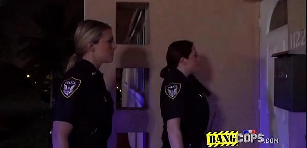 Naughty threesome among these horny milfs in cop uniforms and this young dude with a massive cock.